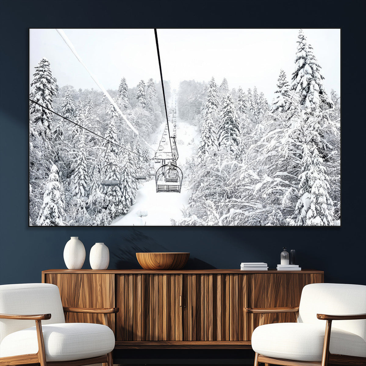 Snowy Ski Lift Wall Art – Framed Winter Mountain Canvas