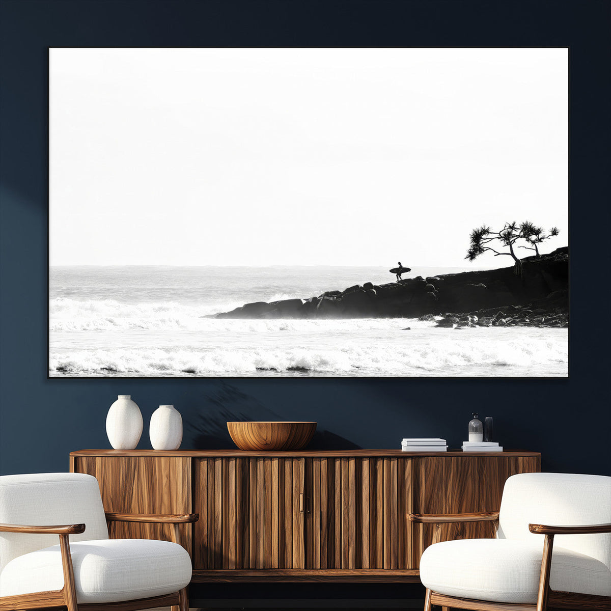 Surfer Cliffs Wall Art Canvas Print – Framed Black White