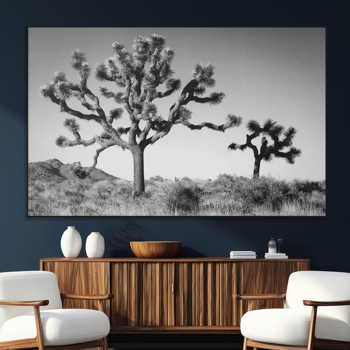 Joshua Tree Wall Art Canvas Print – Framed Monochrome Desert
