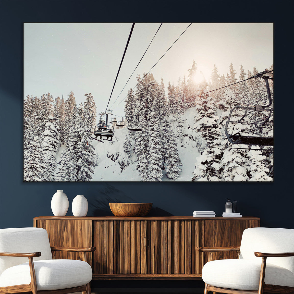 Frosty Pines Wall Art Canvas Print – Framed Cozy Cabin Ski