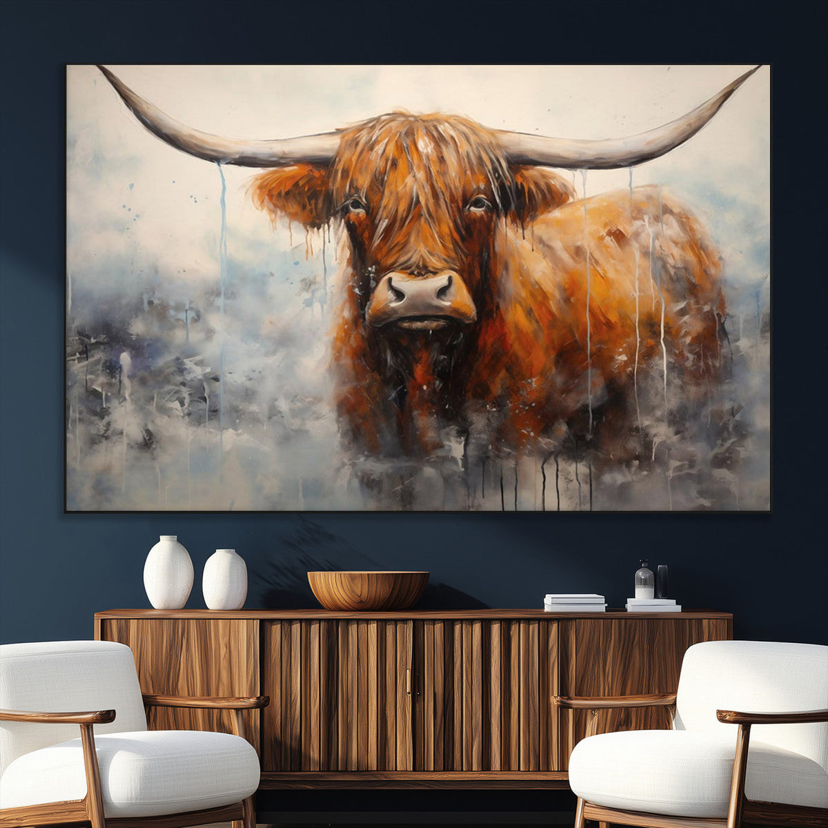 Scottish Highland Wall Art Canvas Print, Framed Longhorn Art