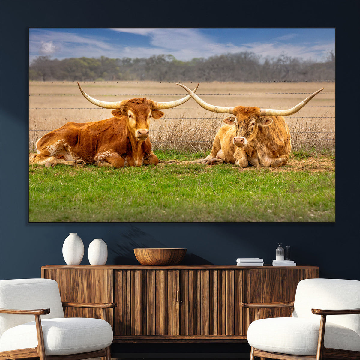 Texas Longhorn Pair Wall Art Canvas Print – Peaceful Rustic