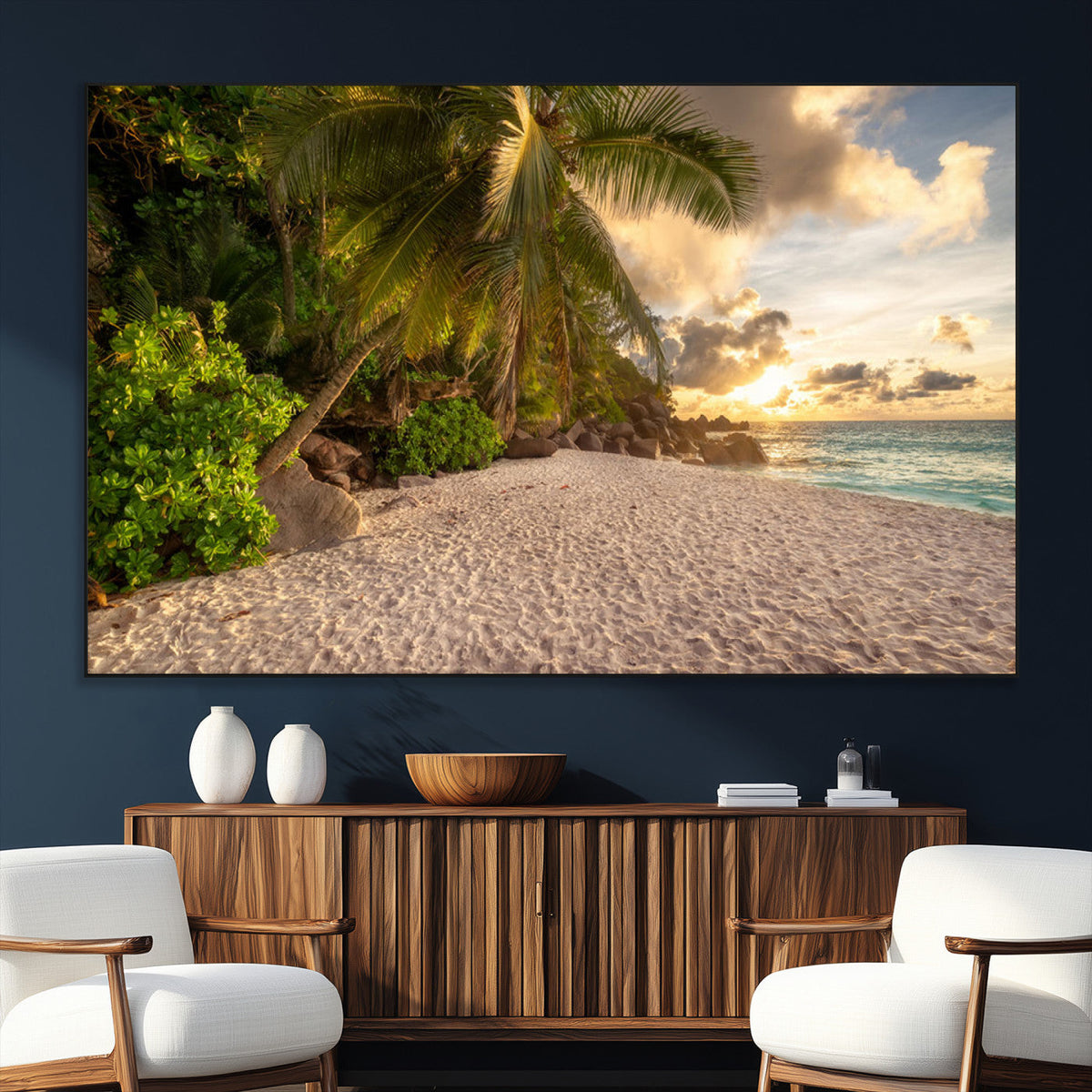 Tropical beach sunset, palm trees, white sand, ocean waves,