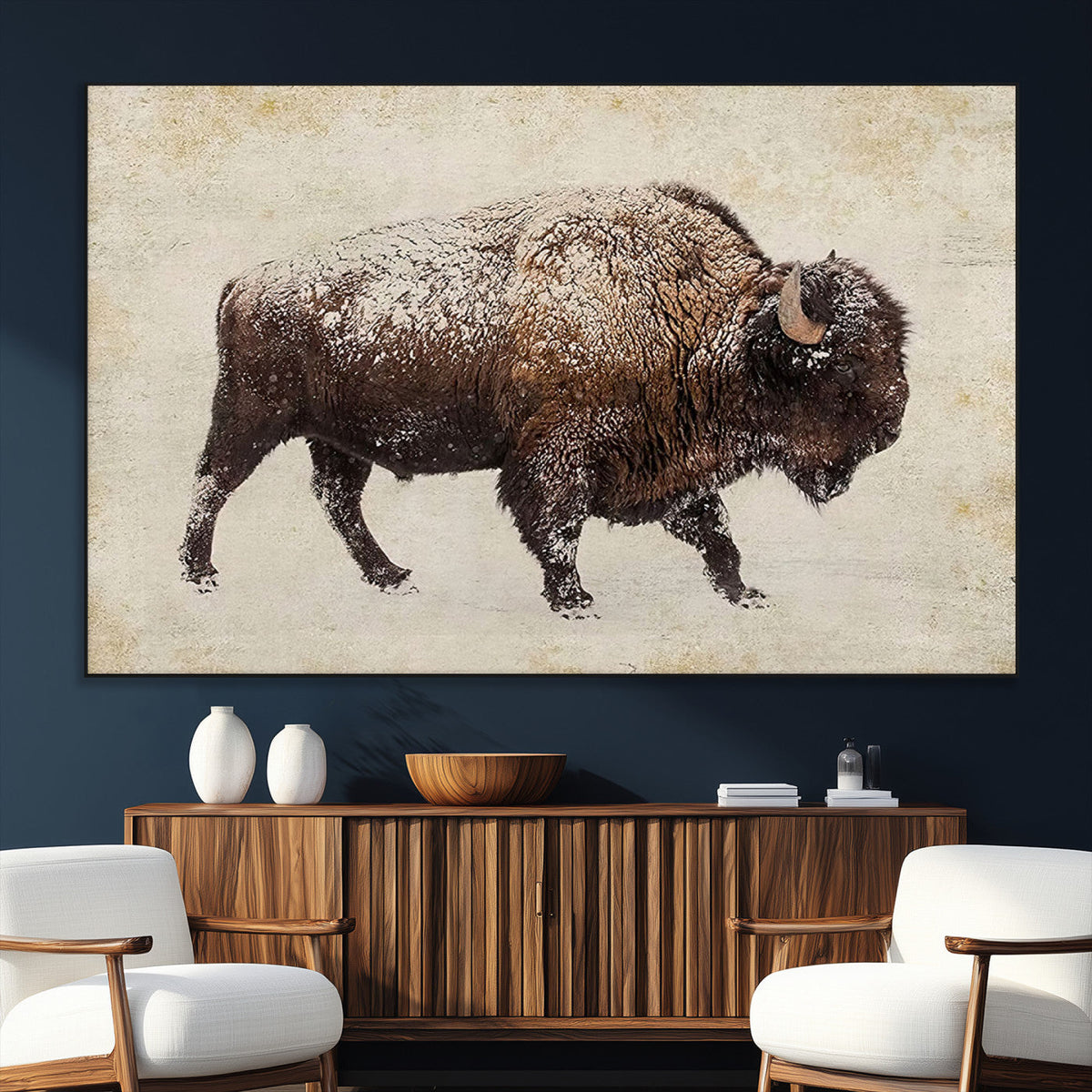 Snow-dusted bison silhouette textured vintage style rugged