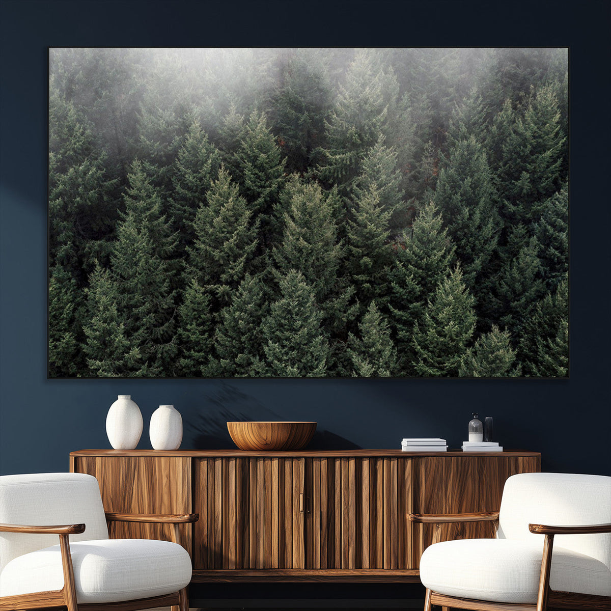 Dense Evergreen Forest Misty Morning Fog Pine Trees Woodland