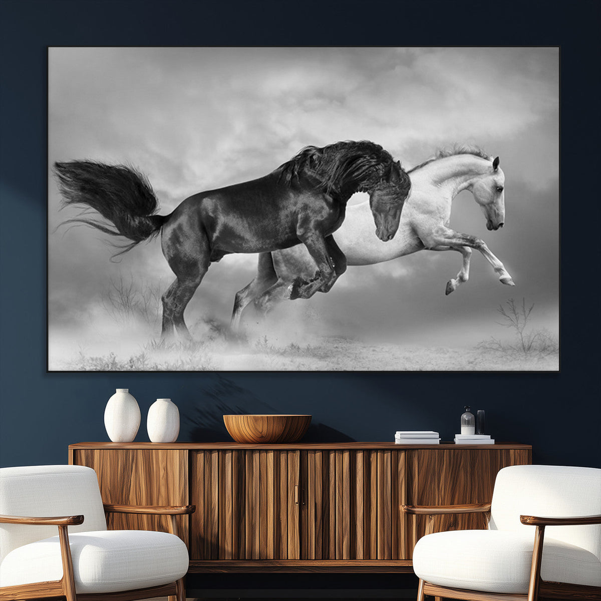 Wild Horses Wall Art Canvas Print – Framed Black and White