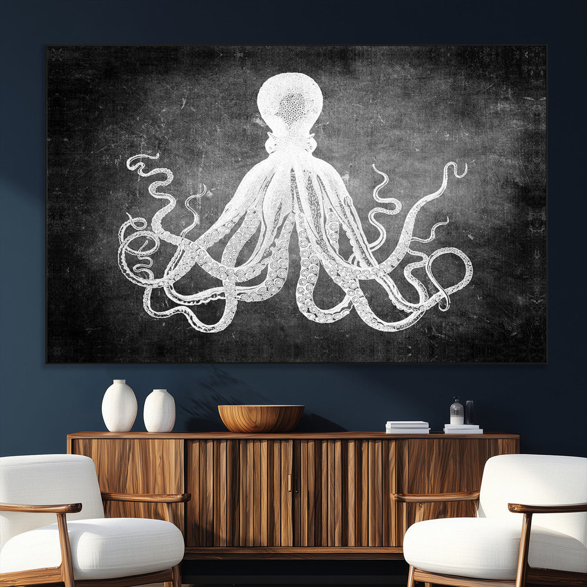 Black White Octopus Wall Art Canvas Print