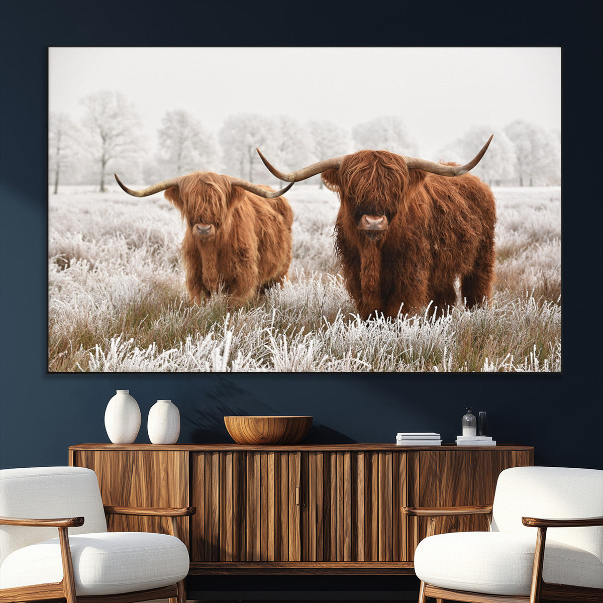 Longhorn Cattle Wall Art Canvas Print, Framed Farmhouse