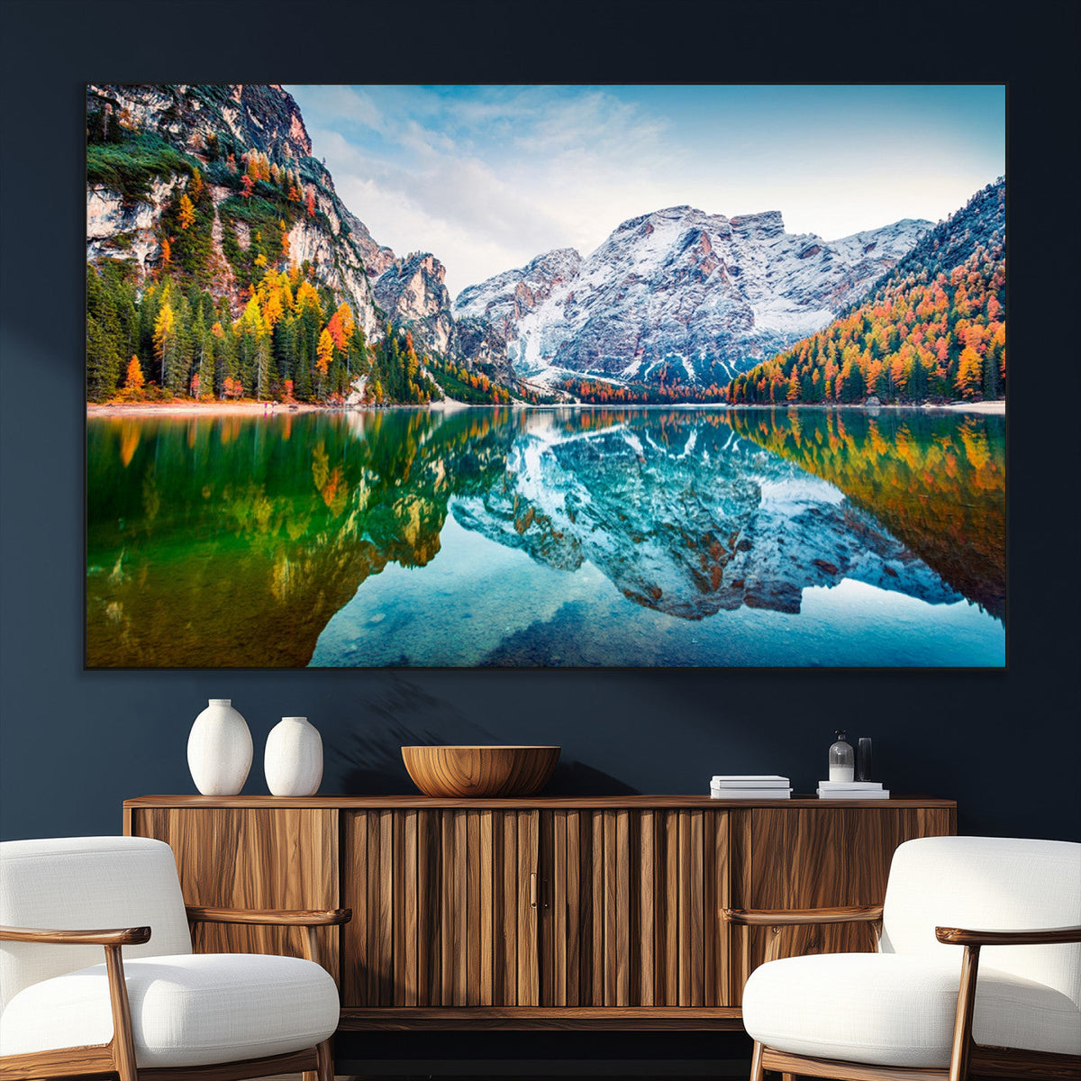 Spectacular autumn view of Braies Lake Wall Art Canvas Print