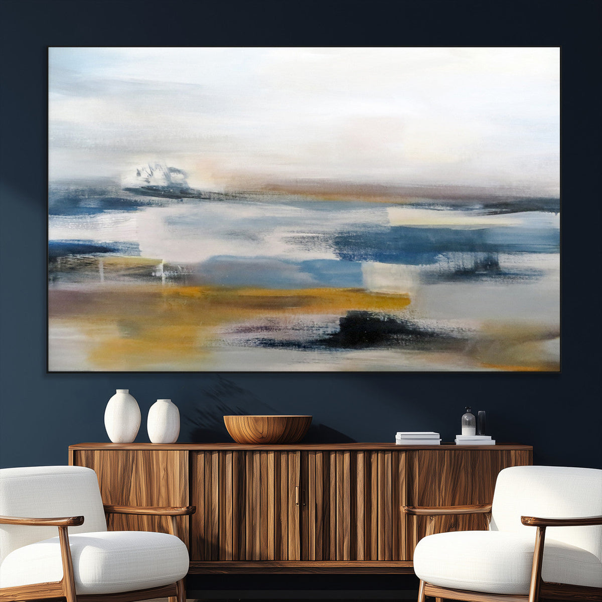 Abstract Landscape Wall Art Canvas | 3 Panel Modern Blue,