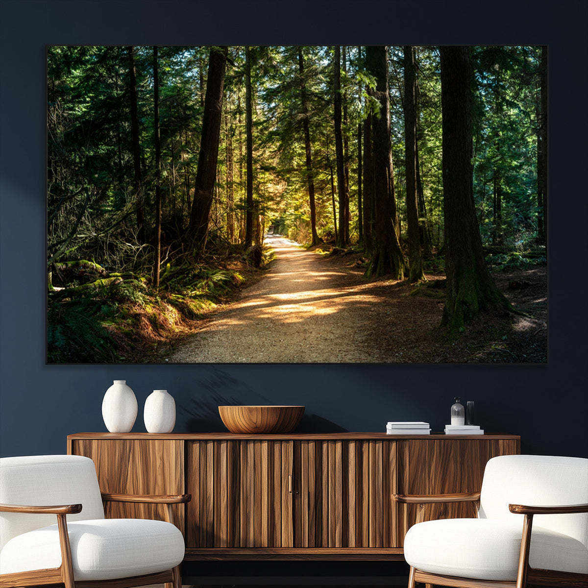 Sunlit Forest Pathway Canvas Print | 3 Panel Large Nature