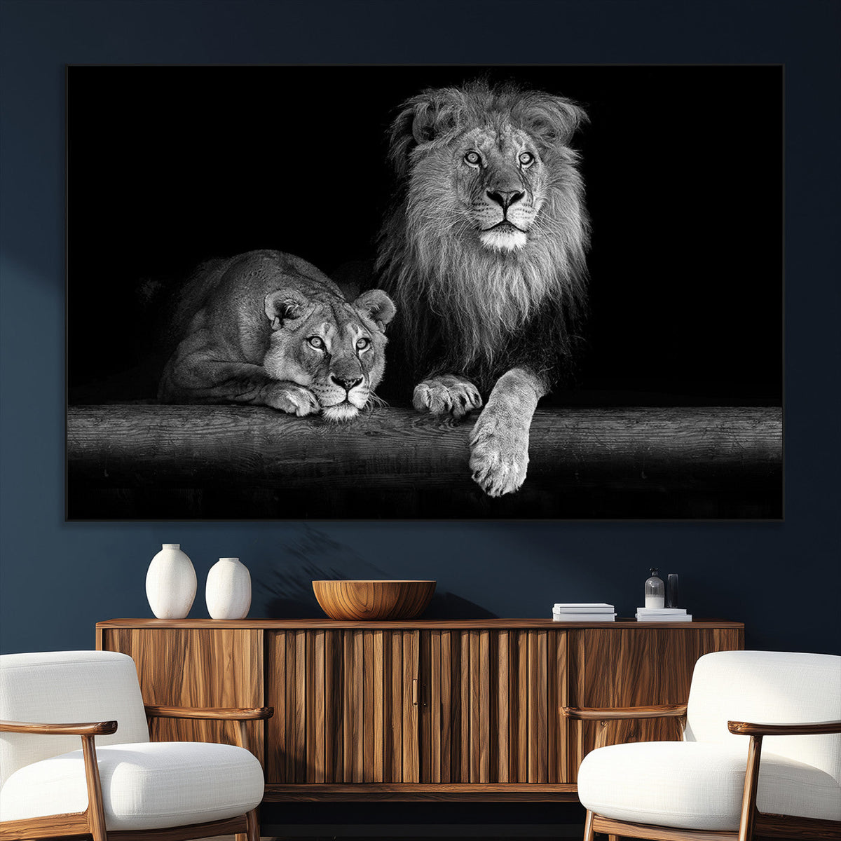 Large Black and White Lion Couple Wall Art Canvas Print –