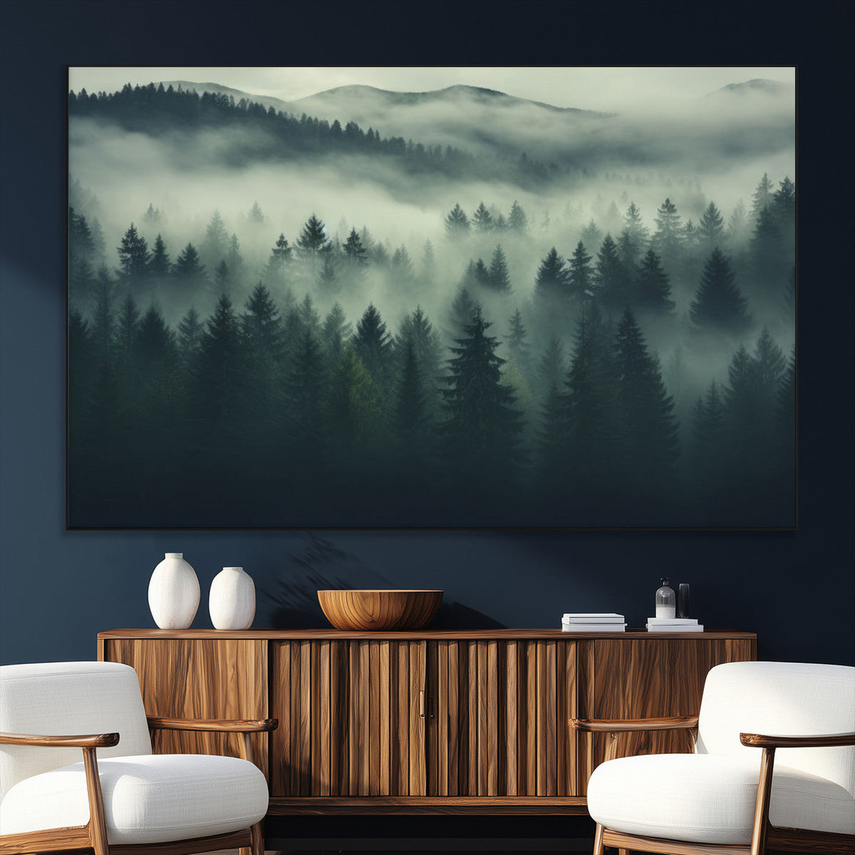 Misty Forest Wall Art Premium Canvas Print a Foggy and
