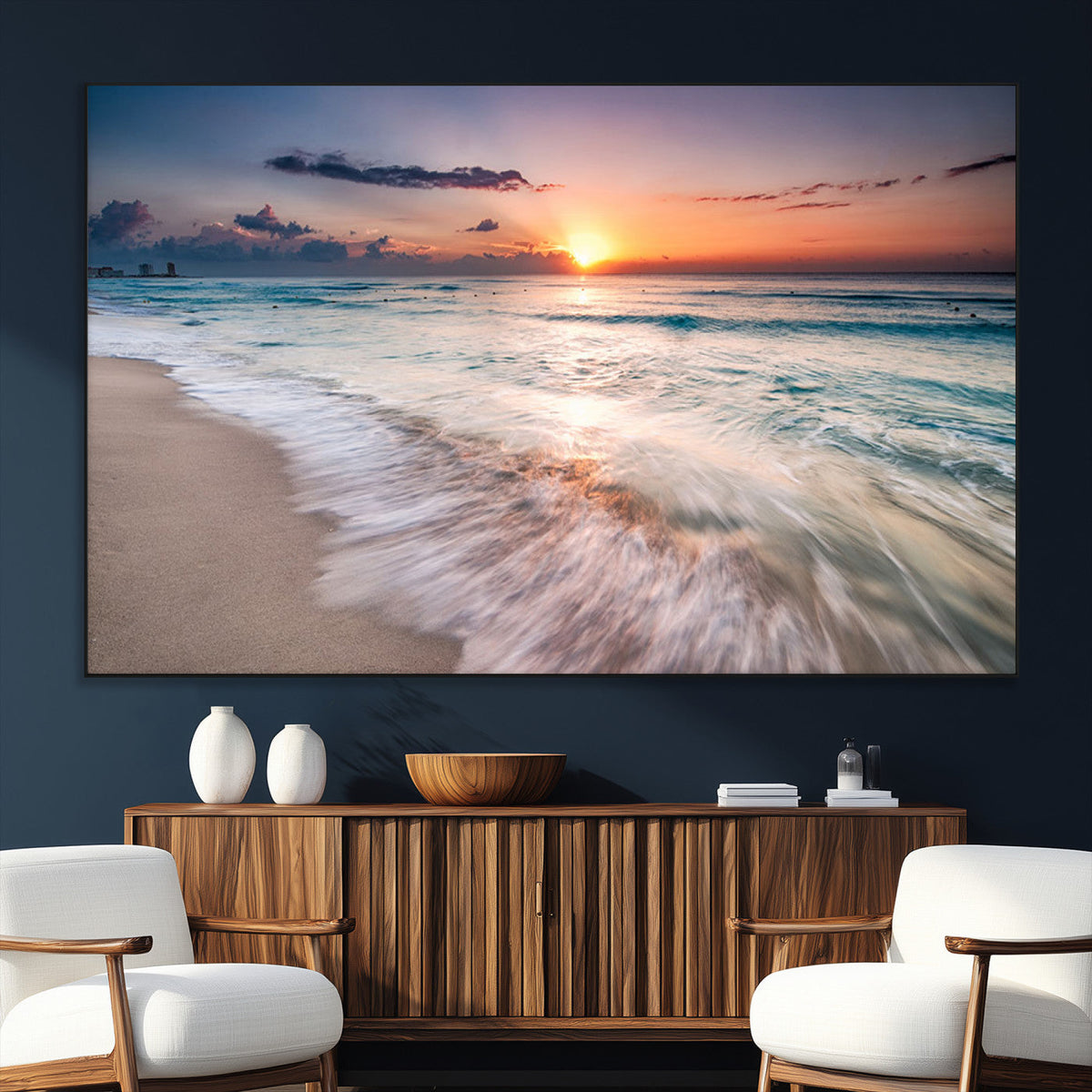 Sunset Beach Wall Art – Soothing Coastal Landscape, Ready to