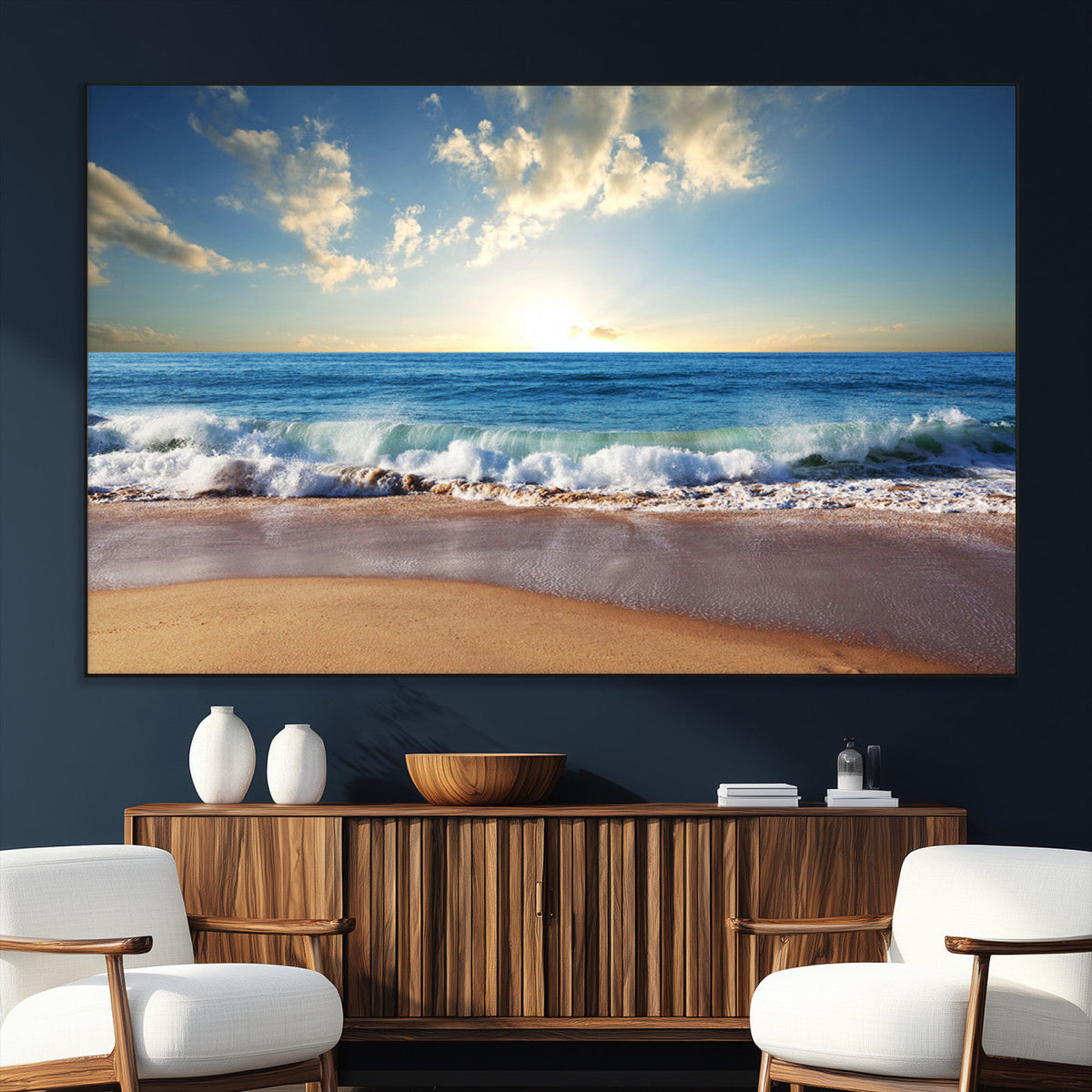 Serene Ocean Sunset Canvas Wall Art - Beach Waves at Sunset,