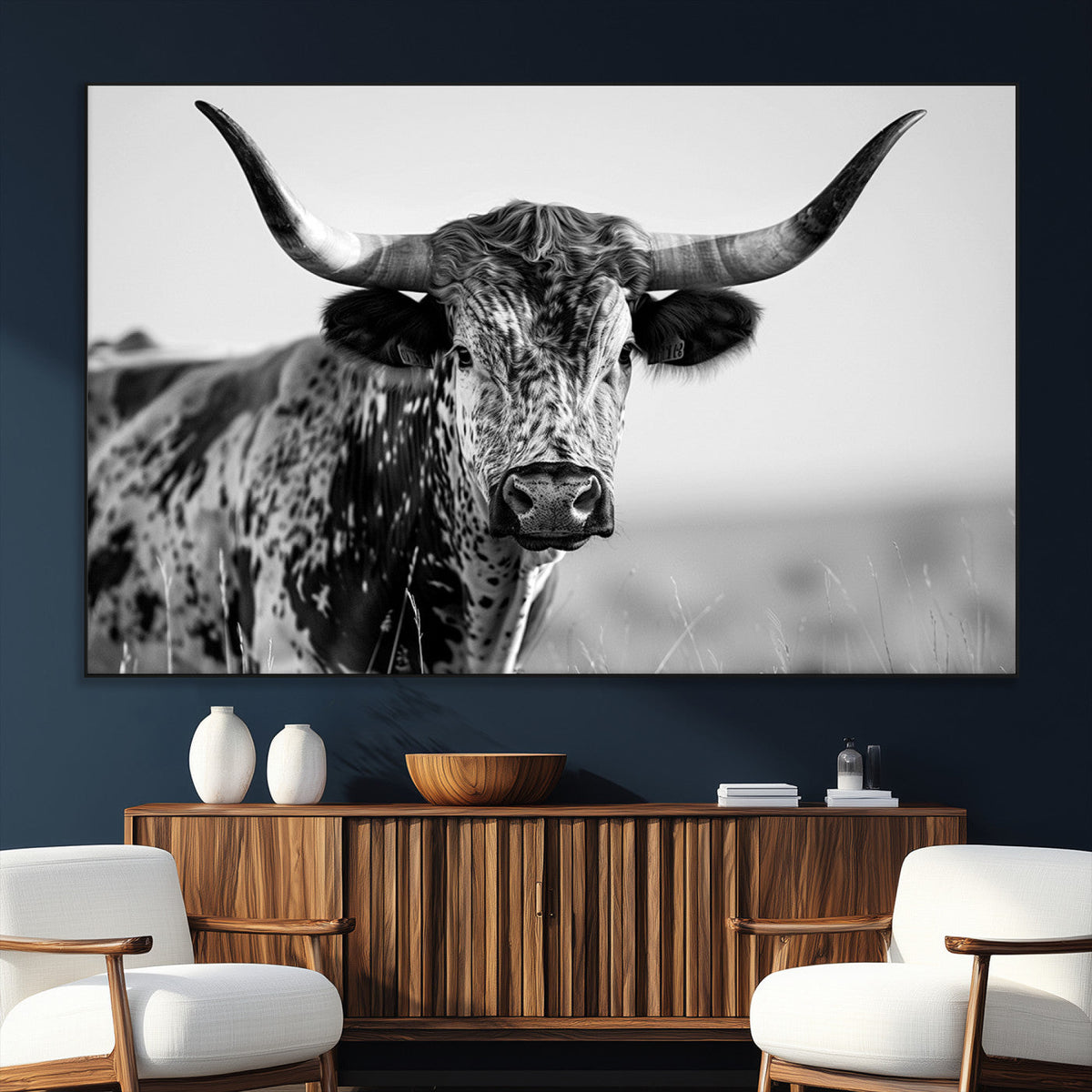 Texas Highland Cow Longhorn Canvas Print - Rustic Farmhouse