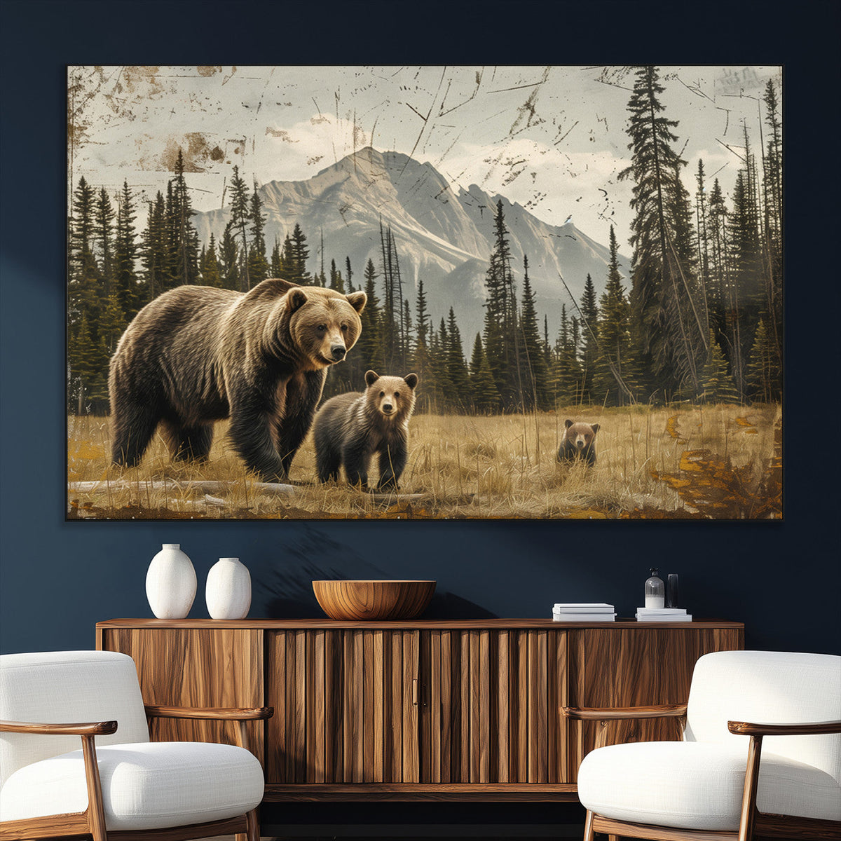 Rustic Grizzly 399 Bear Family Wall Art Canvas Print