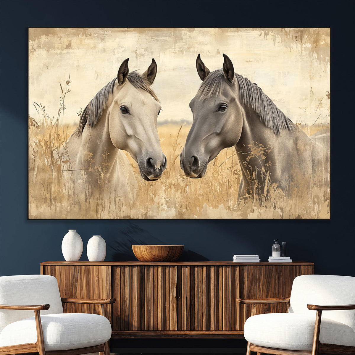 Chines Ink Style Grunge Horses Wall Art Canvas Print