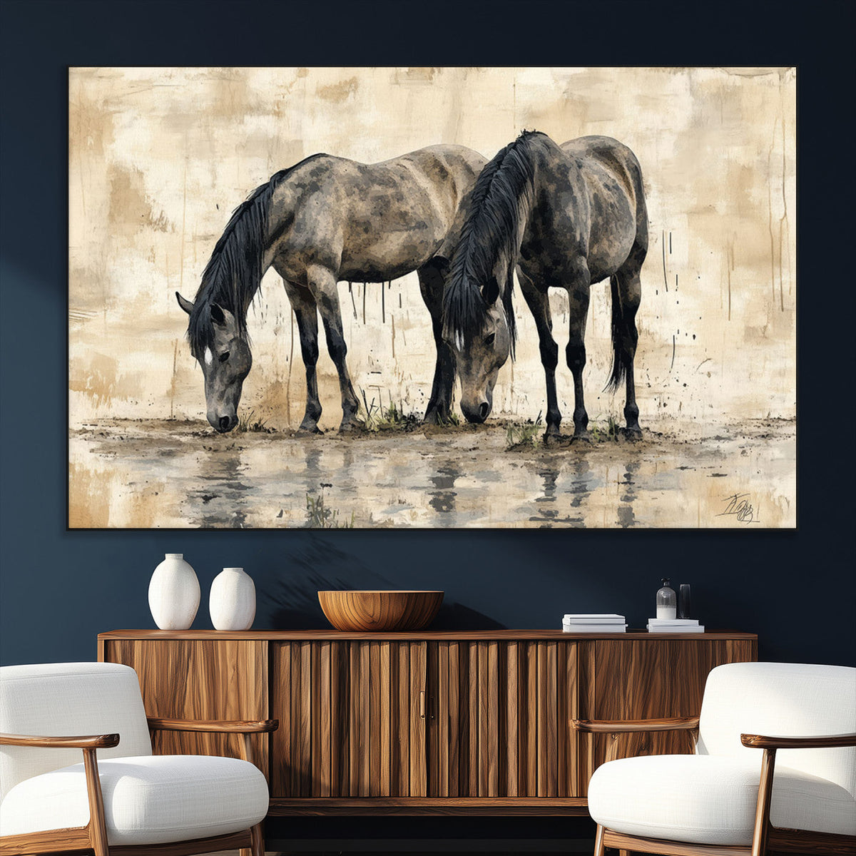 Chinese Style Abstract Black Horses Wall Art Canvas Print -
