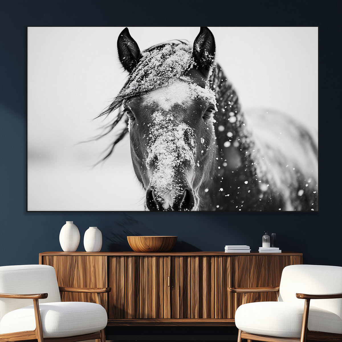 Western Wall Art | Black and White Winter Horse Wall Art |