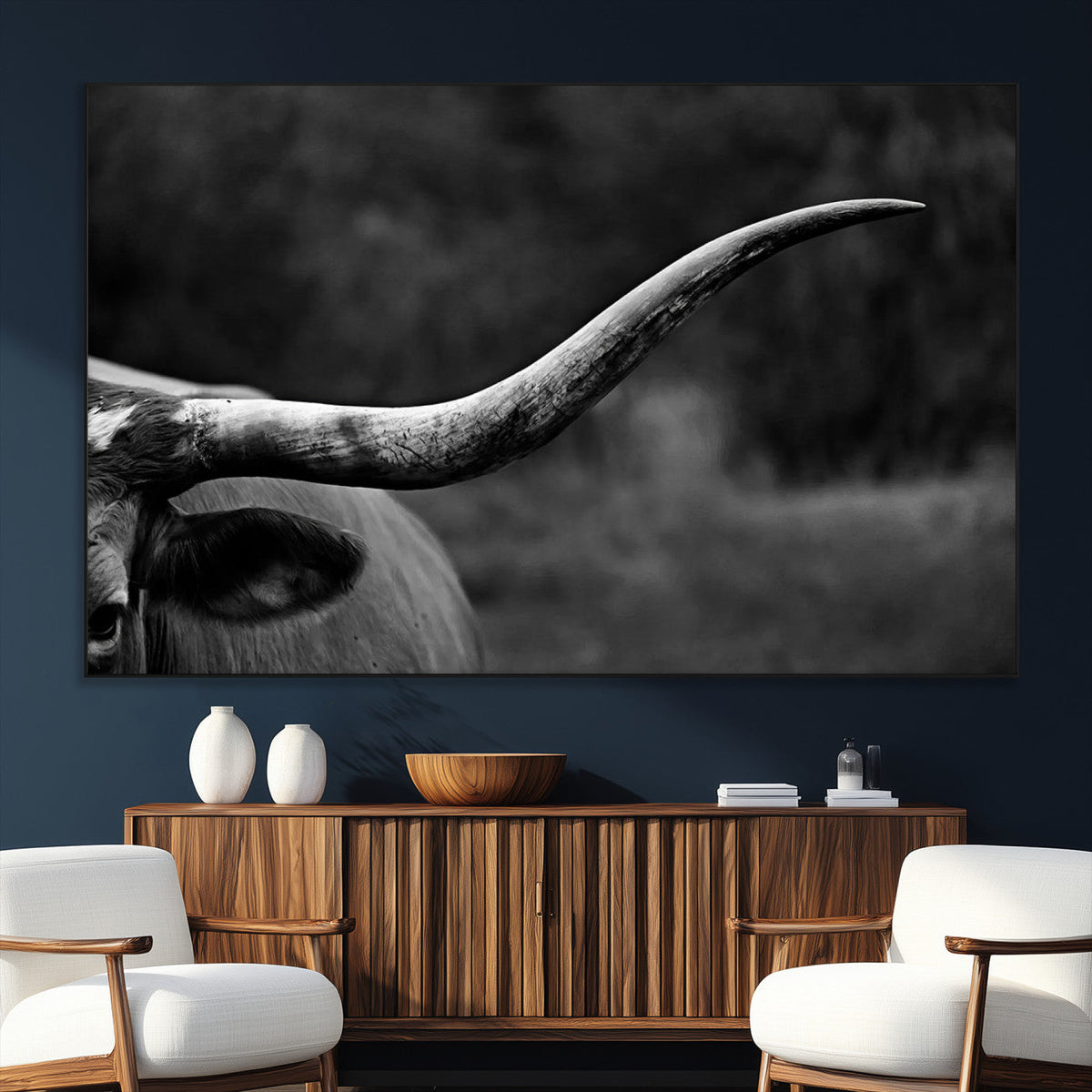 Cow Longhorn Wall Art | Black and White Print | Ready to