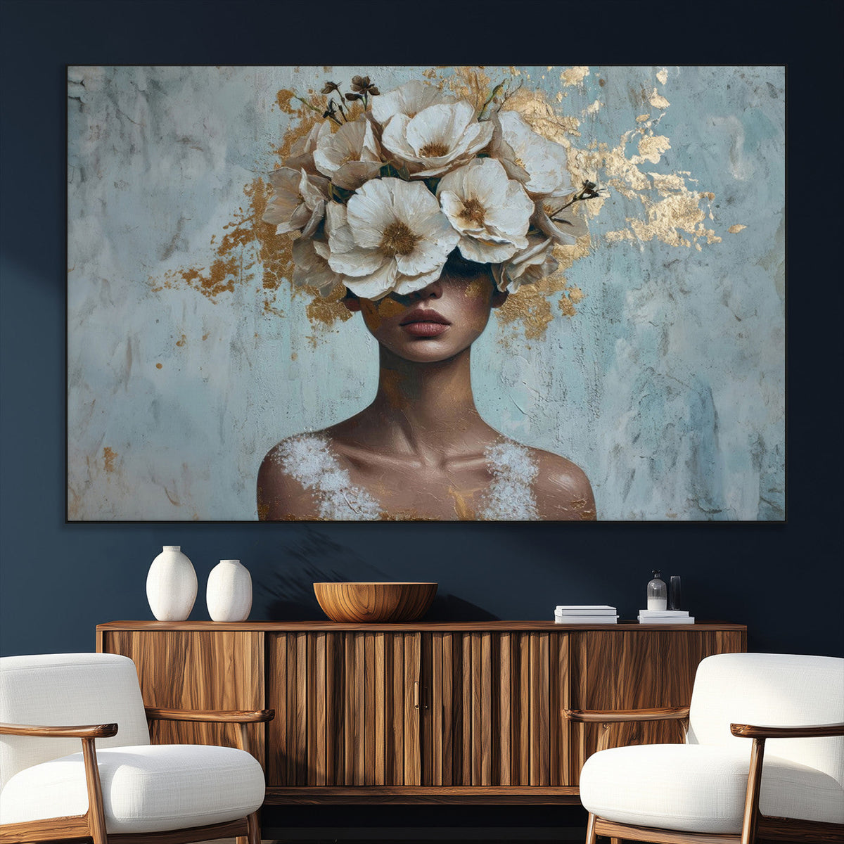 Golden Petal Wall Art - Petal Silhouette Woman Wall Art