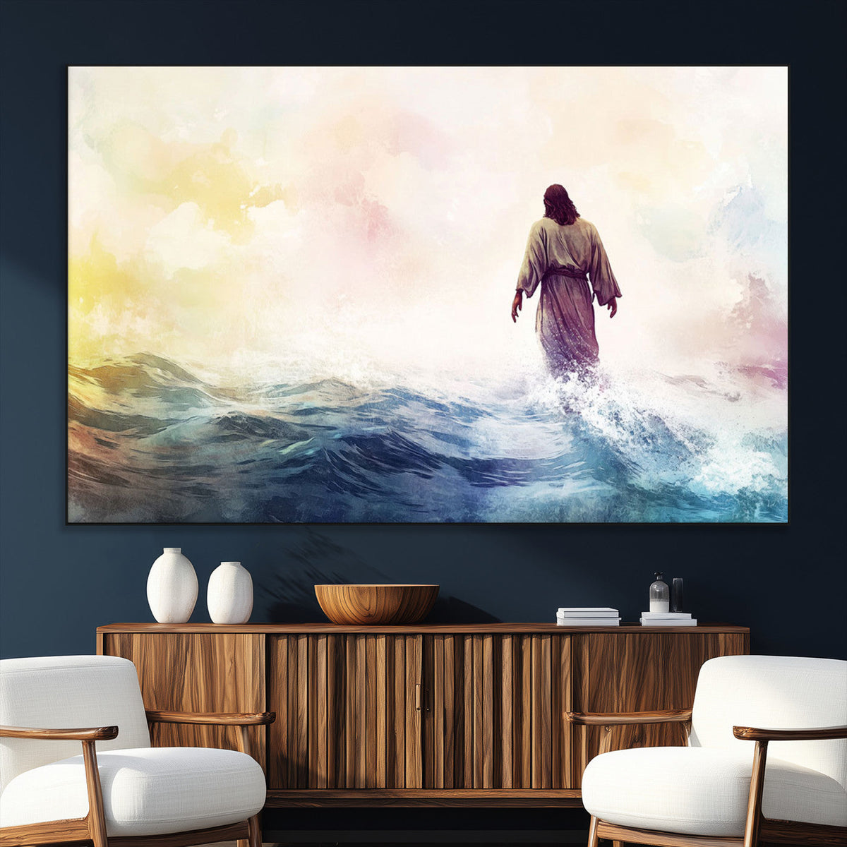 Watercolor Jesus Walking on Water Canvas Print, Christian