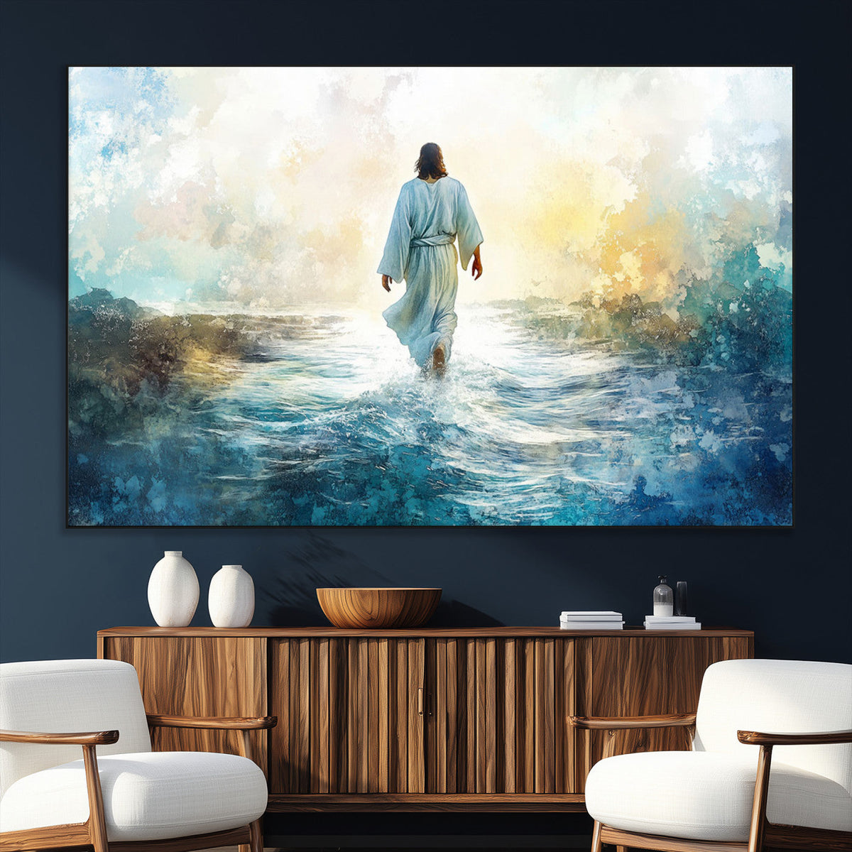 Watercolor Jesus Walking on Water Canvas Print, Christian