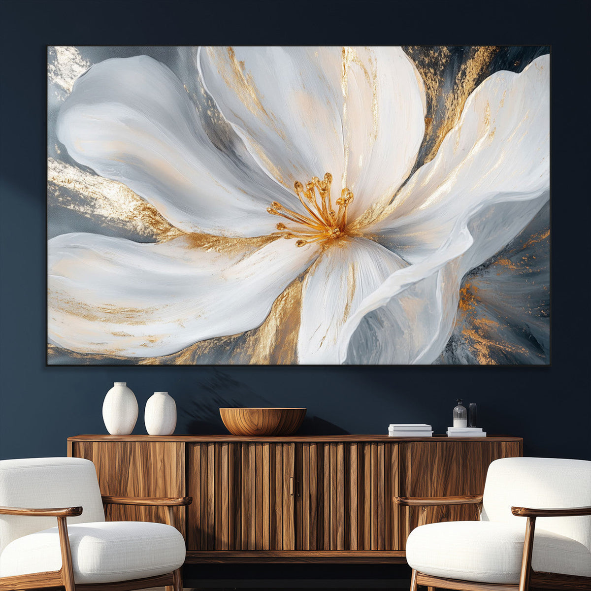White and Gold Floral Canvas Wall Art - Framed and Ready to