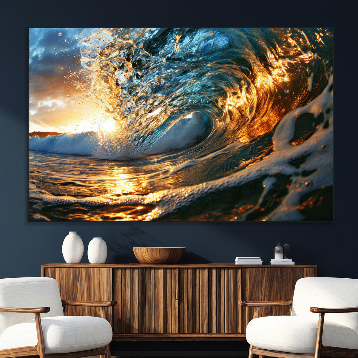 Ocean Wave at Sunset Canvas Wall Art – Vibrant Coastal Beach