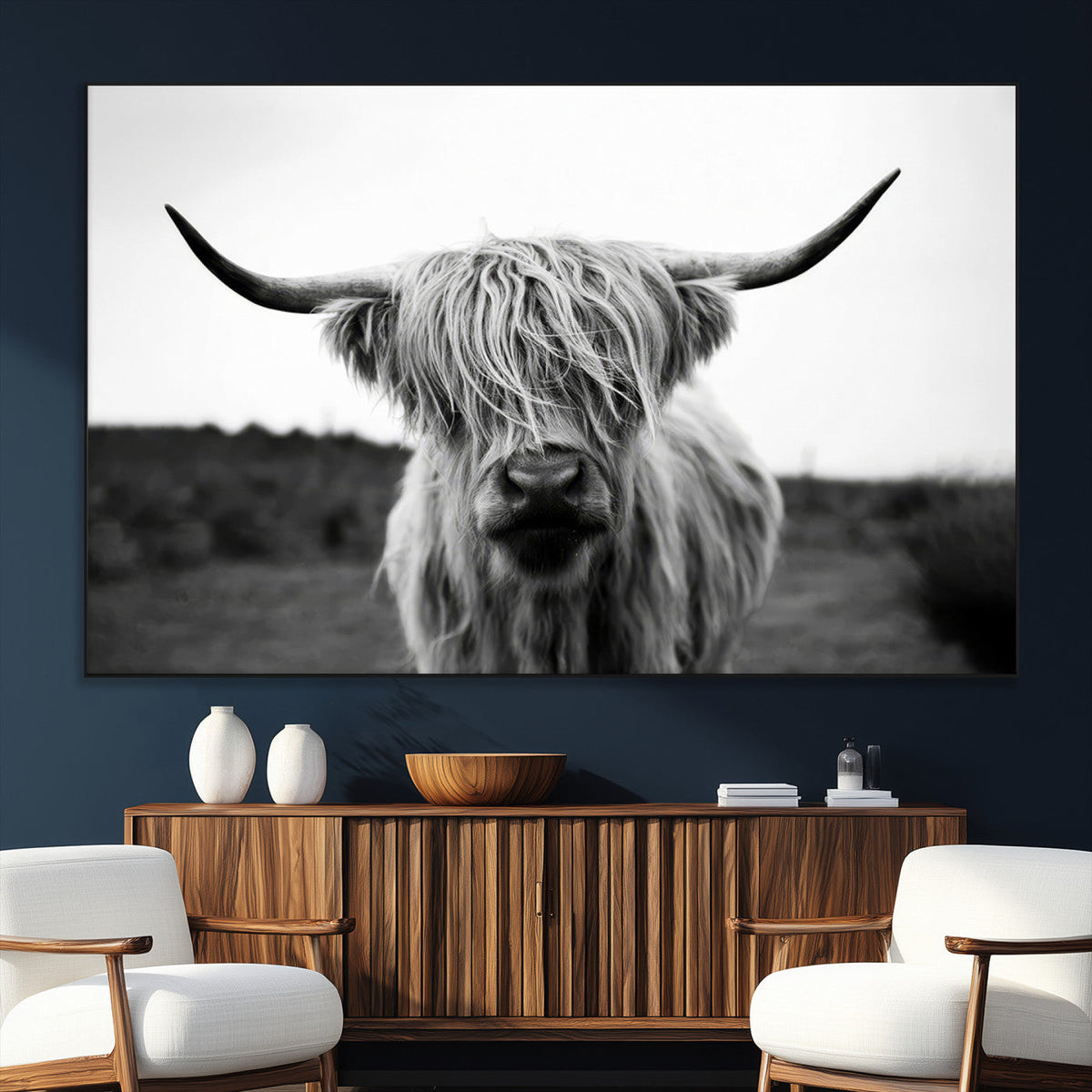 Highland Cow Wall Art | Black and White Farmhouse Decor |