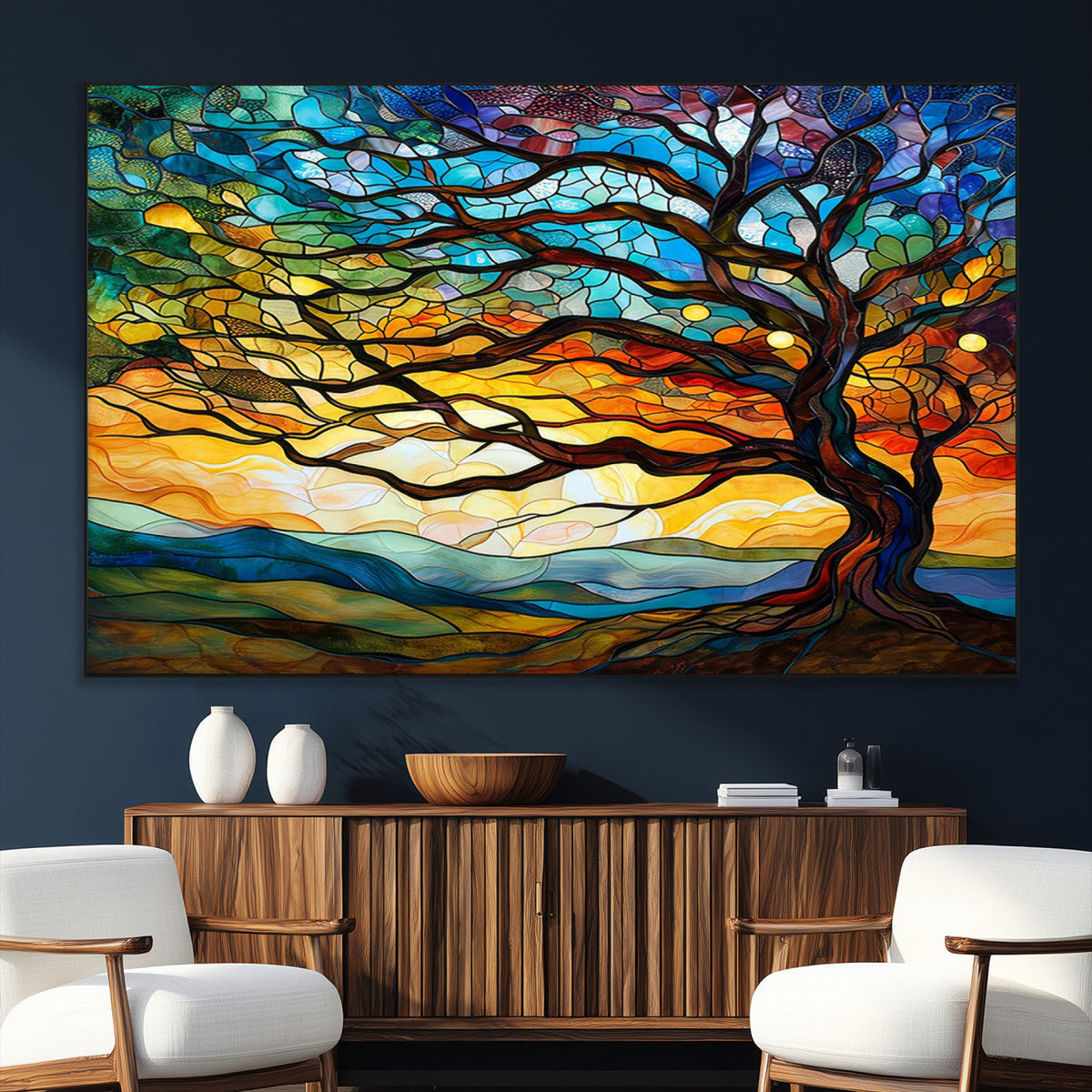 Vibrant Mosaic Tree of Life Wall Art | Stained Glass Style