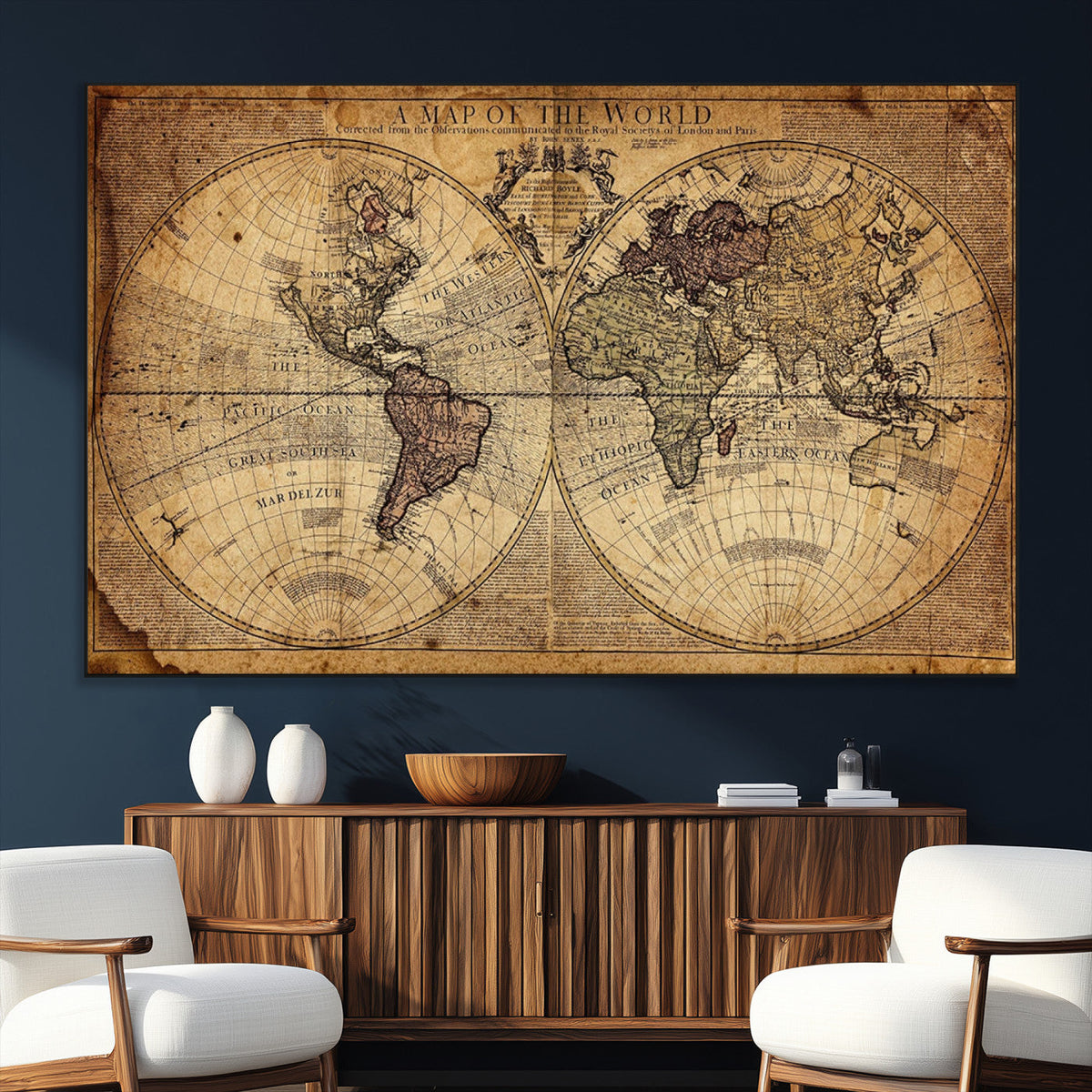 Vintage World Map Wall Art Canvas – Antique Style Push Pin