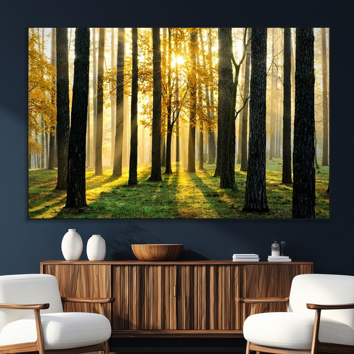 Sunlit Forest Wall Art Canvas Print – Large Framed Woodland