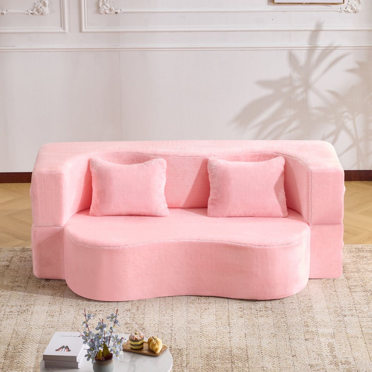 71-Inch Folding Sofa Bed in Pink Chenille with High-Density Foam
