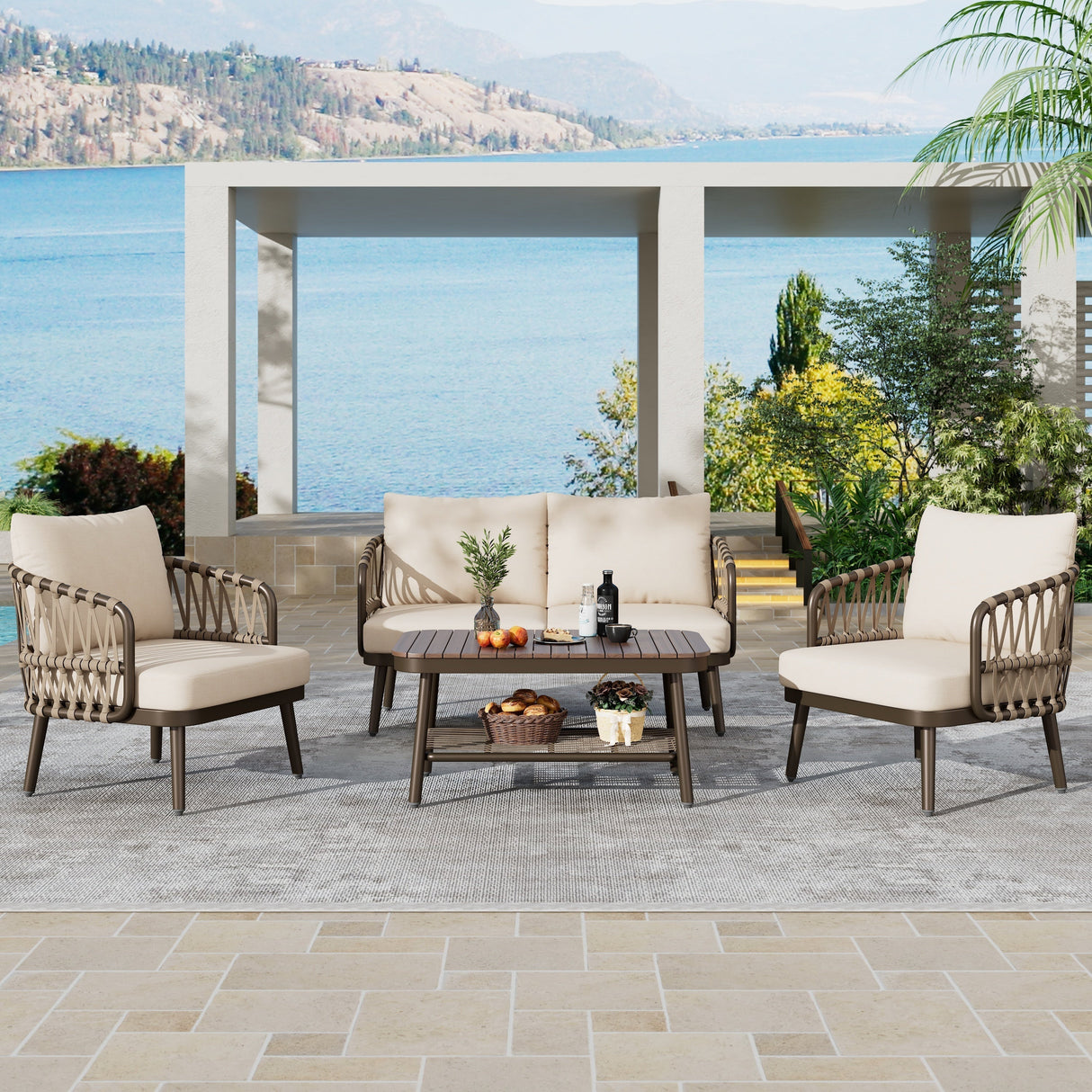4-Piece Outdoor Patio Furniture Set with Metal Frame and Woven Rope