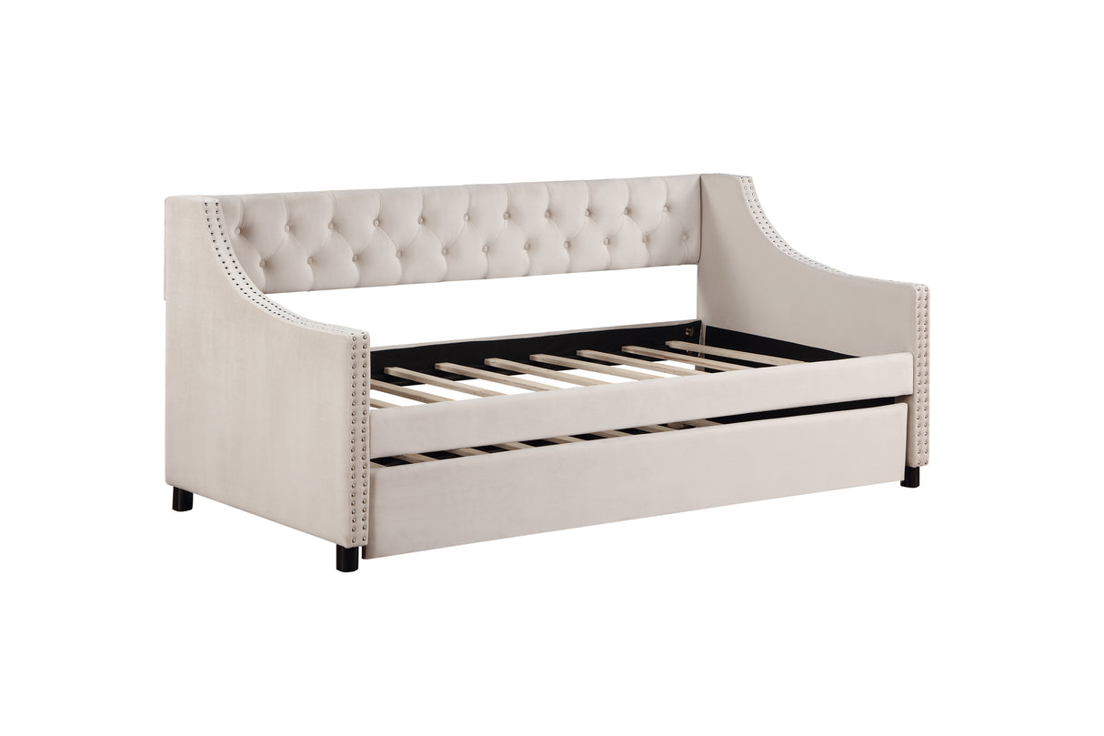 Daybed with Trundle Upholstered Tufted Sofa Bed, Arms Full Size Beige