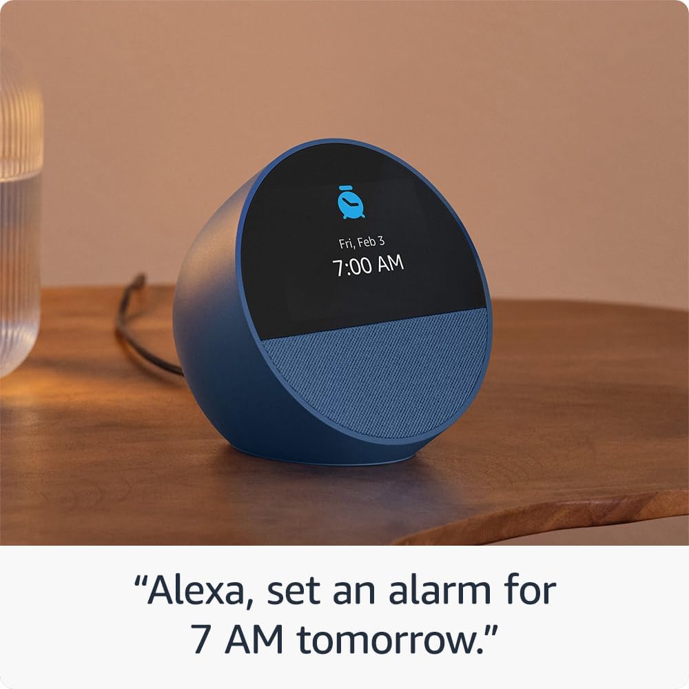 Amazon Echo Spot, an Alexa device (newest model), Great for nightstands, offices and kitchens, Smart alarm clock, Glacier White