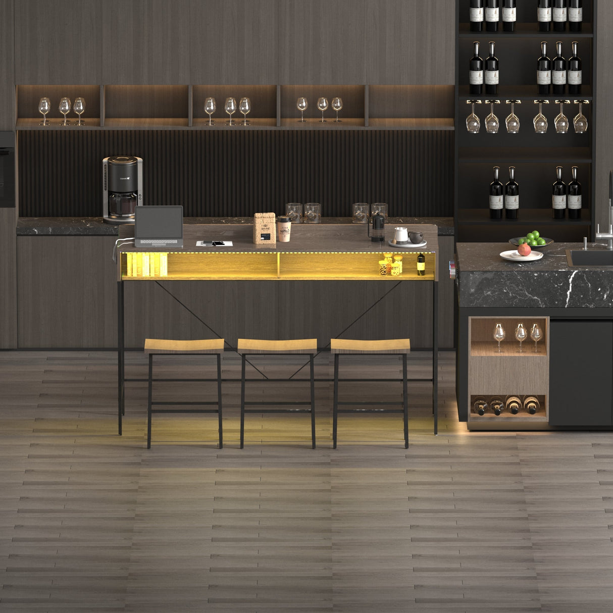 59 Inch Bar Table with Stools and LED Light