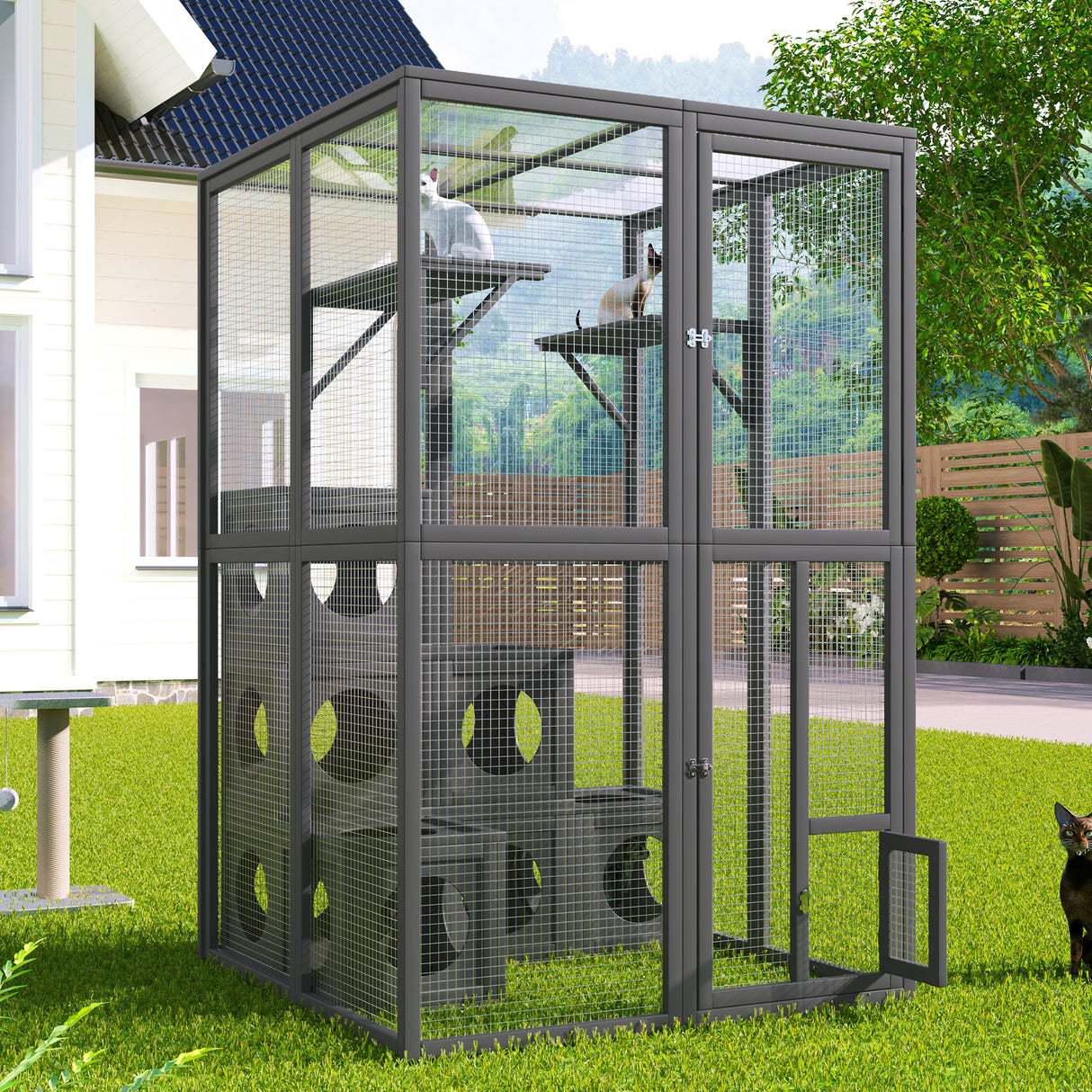 Grey-Pine-Wood-Outdoor-Cat-House-with-Shelves-and-Weather-Protection-Cat-Houses