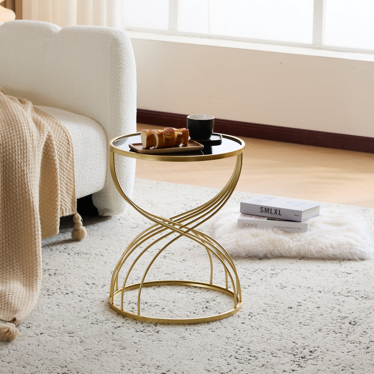 Modern Side Table with Golden Metal Frame and Black Mirror Top