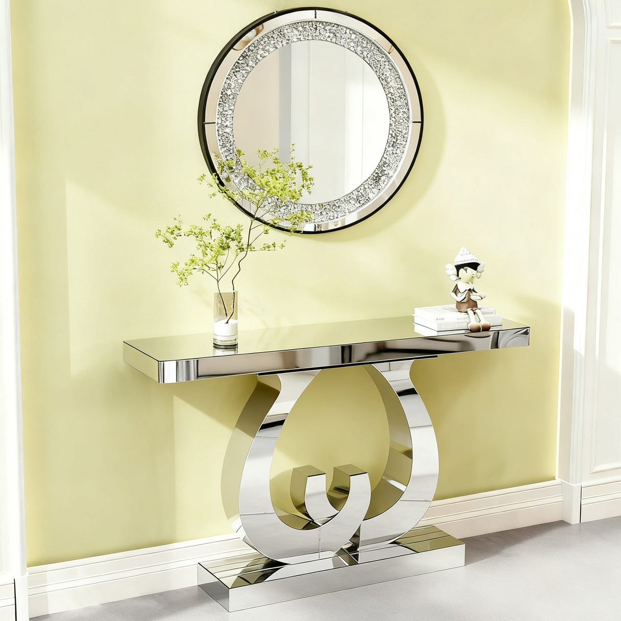 Modern Mirror Side Table with Double C-Shape Base