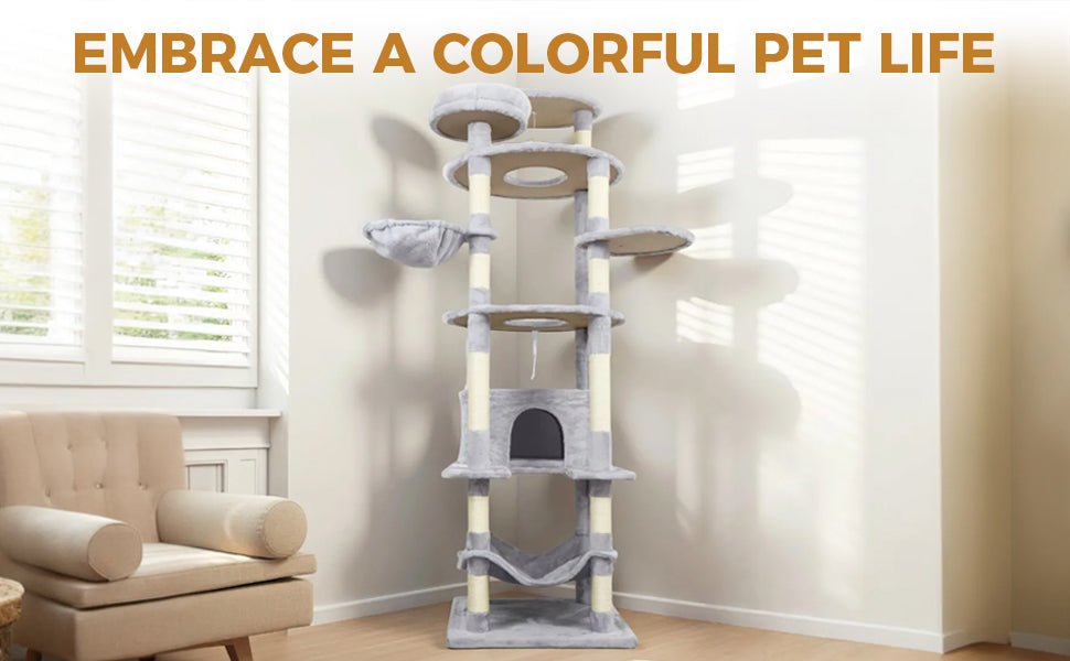 Gray Cat Tree with 3 Condos and Sisal Scratching Posts