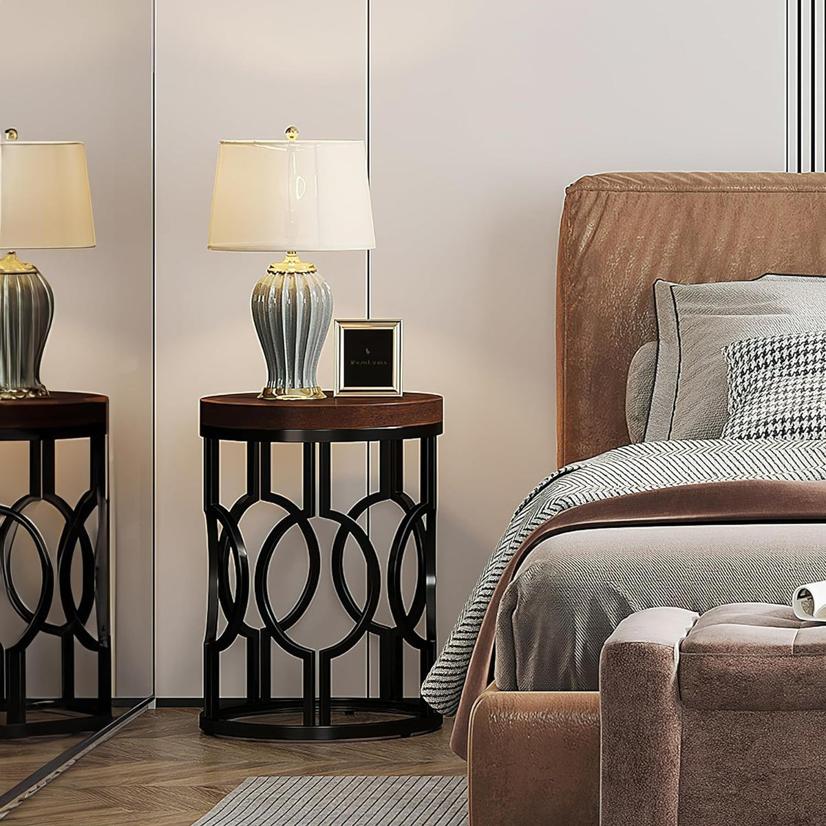 Round End Table Nightstand For Living - Brown / Black