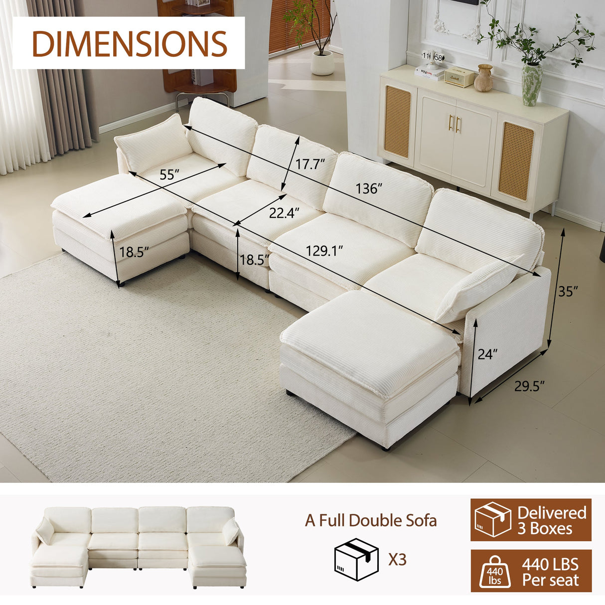 136" Plush Cloud 3-seater Sofa: Modular Design with Footstools