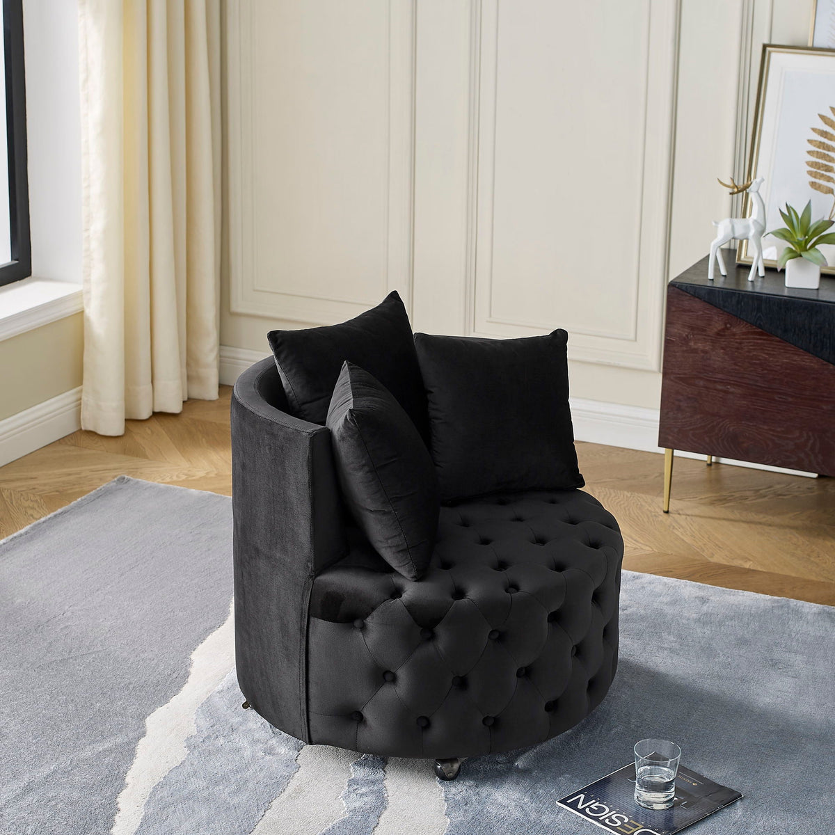 Modern Upholstered Swivel Chair With Button Tufted Design And Movable Wheels