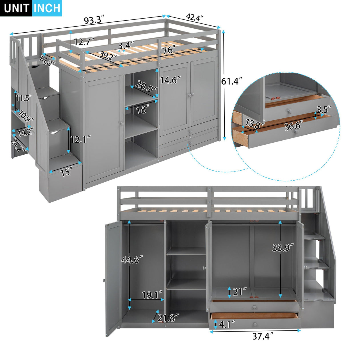 Loft Bed With 3 Shelves, 2 Wardrobes, 2 Drawers, Ladder Storage