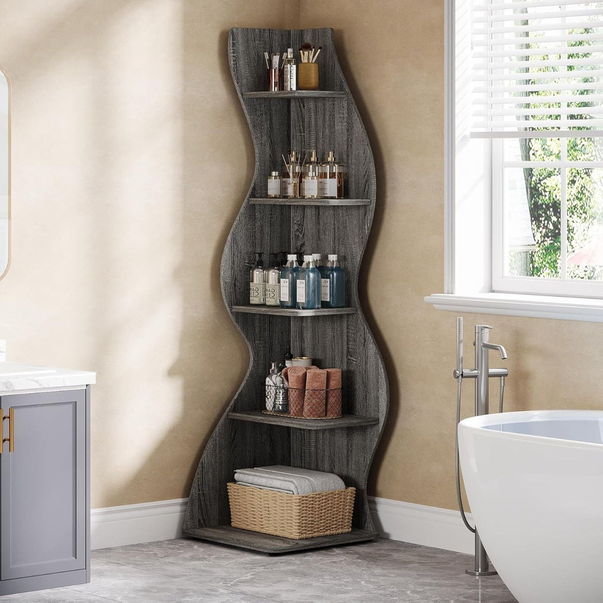 5 Tier Wavy Corner Bookshelf And Plant Stand For Living Room