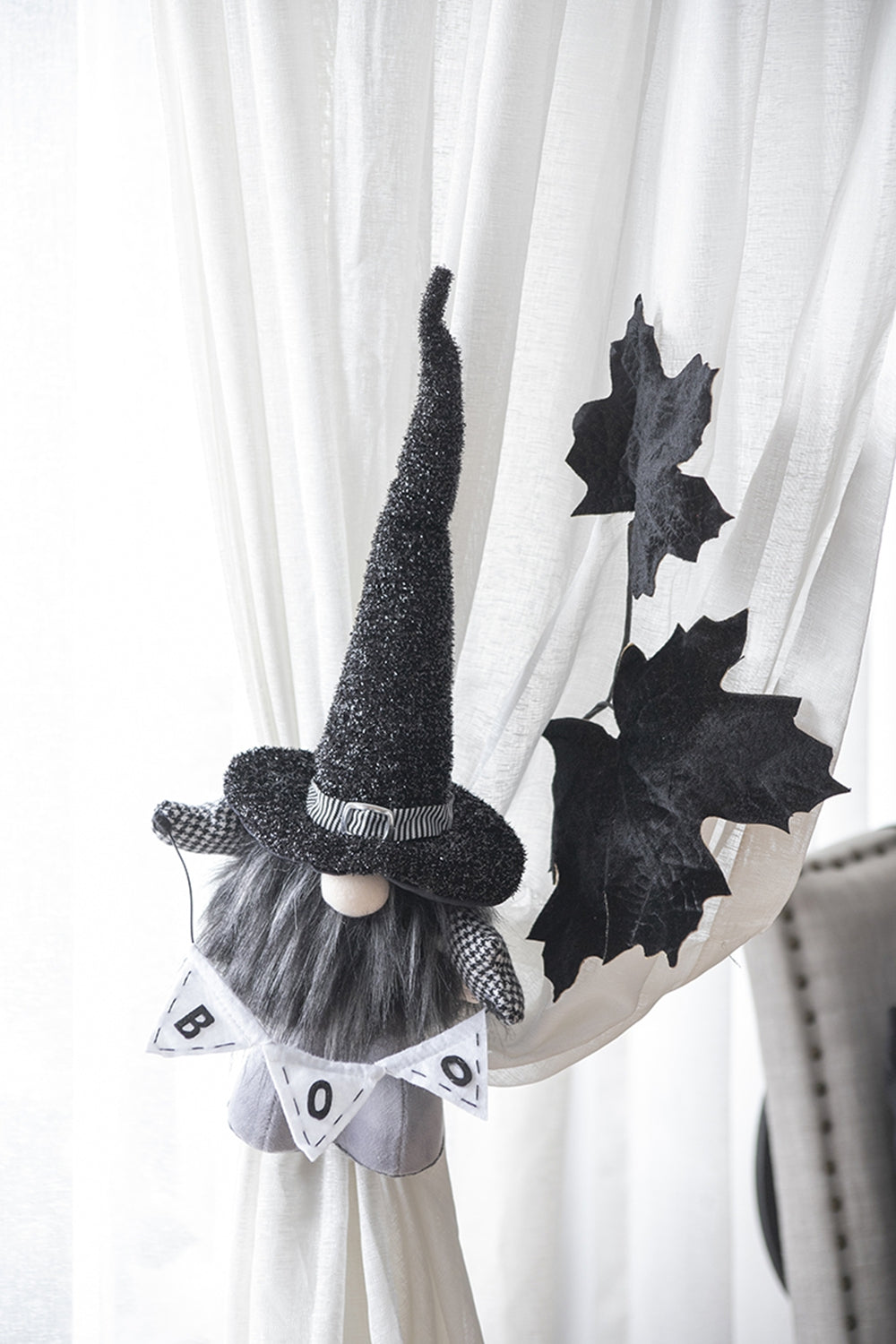 Set of 2 Black Fabric Gnomes with 'Boo' Banner