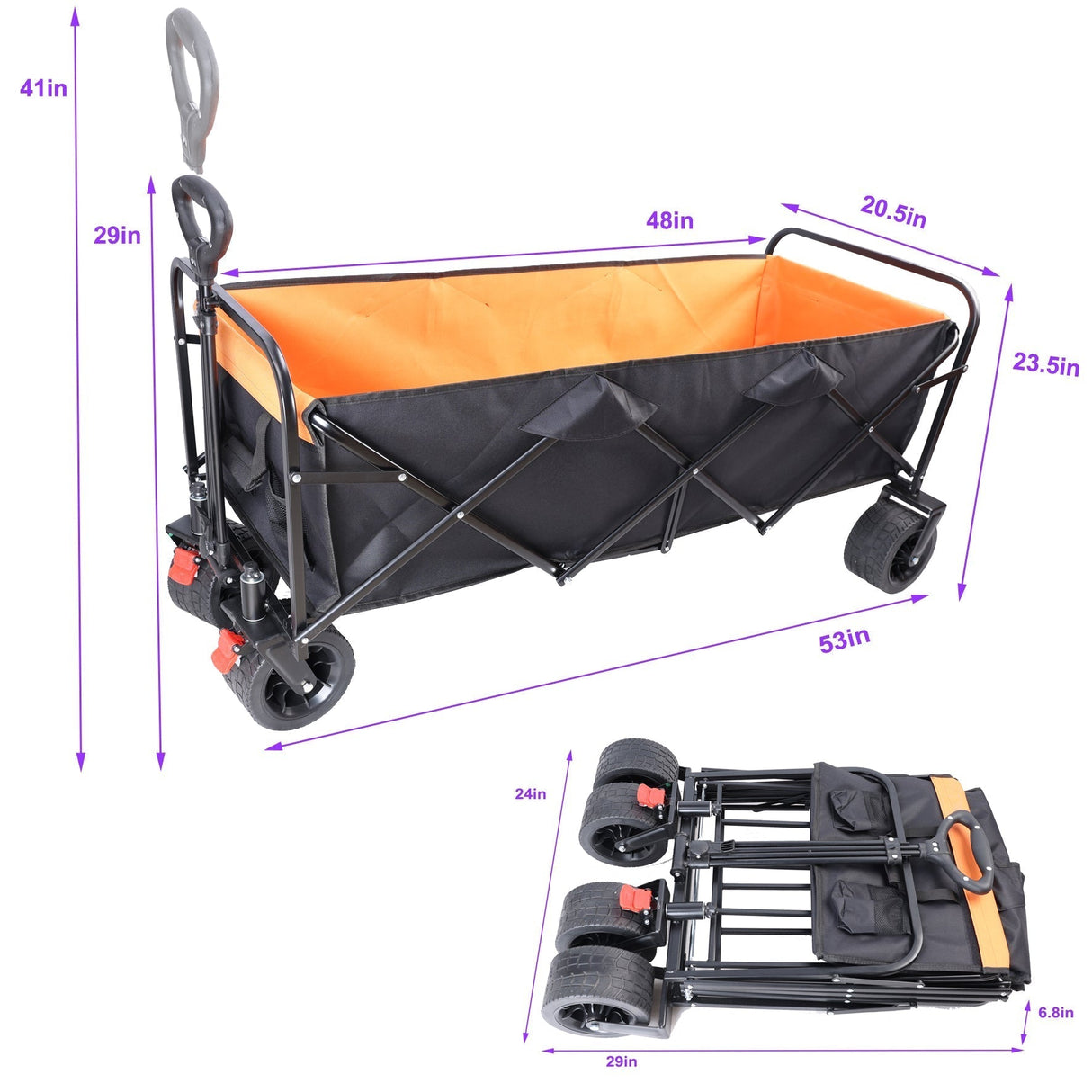Big Large Capacity Folding Wagon Cart with Extender (Black + Orange)